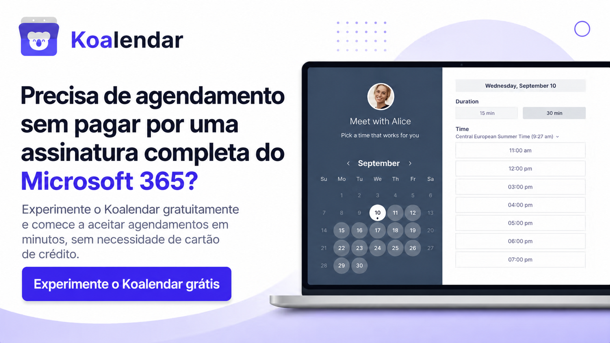 banner do Koalendar permitindo agendar reuniões sem assinatura da Microsoft